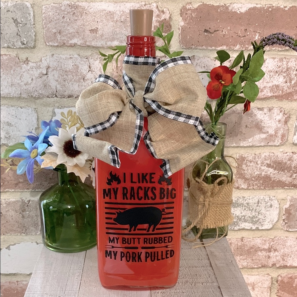 Hand Crafted Red BBQ Bottle Lantern with Burlap Bow